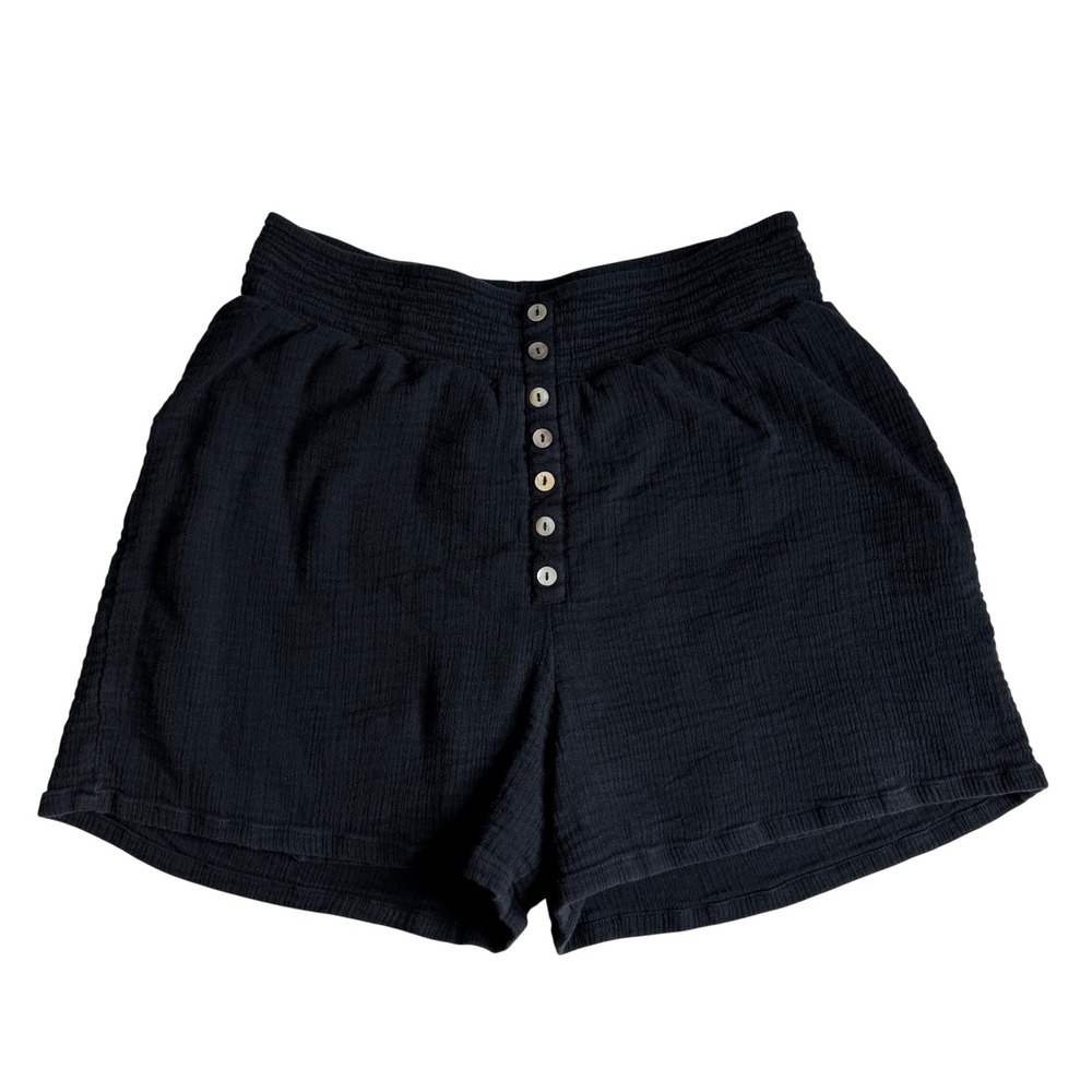 Sundance Zola Black Cotton Gauze Smocked Waist Button Front Shorts Womens Large